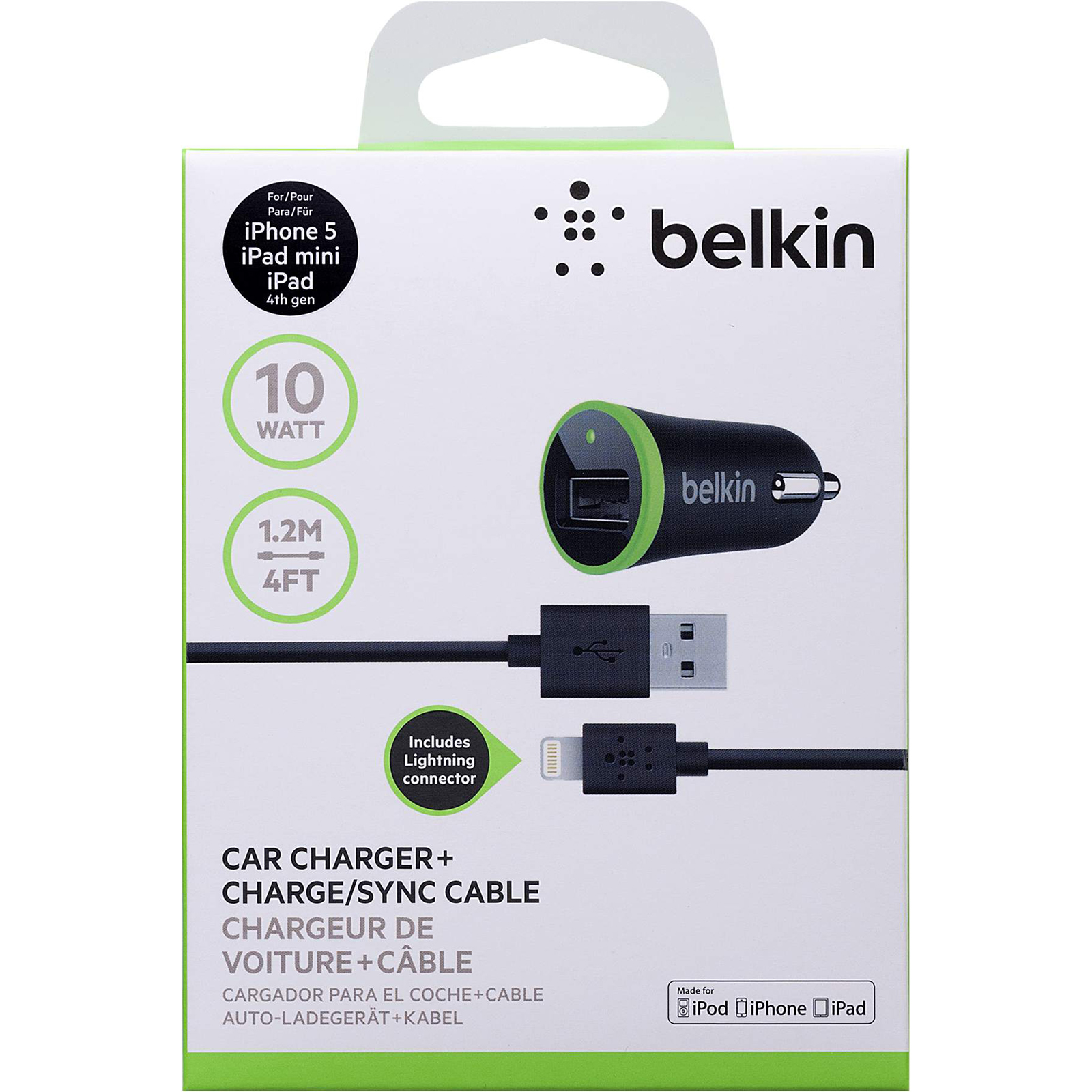 Cargador para carro y Cable iPhone/iPad 5 y 6 Belkin Características:  *Incluye: 1 Cargador para carro y 1 cable Lightning a…